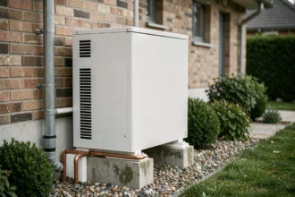Pompe à chaleur air-eau Fujitsu installée sur la façade extérieure d'une maison moderne avec raccordements cuivre visibles