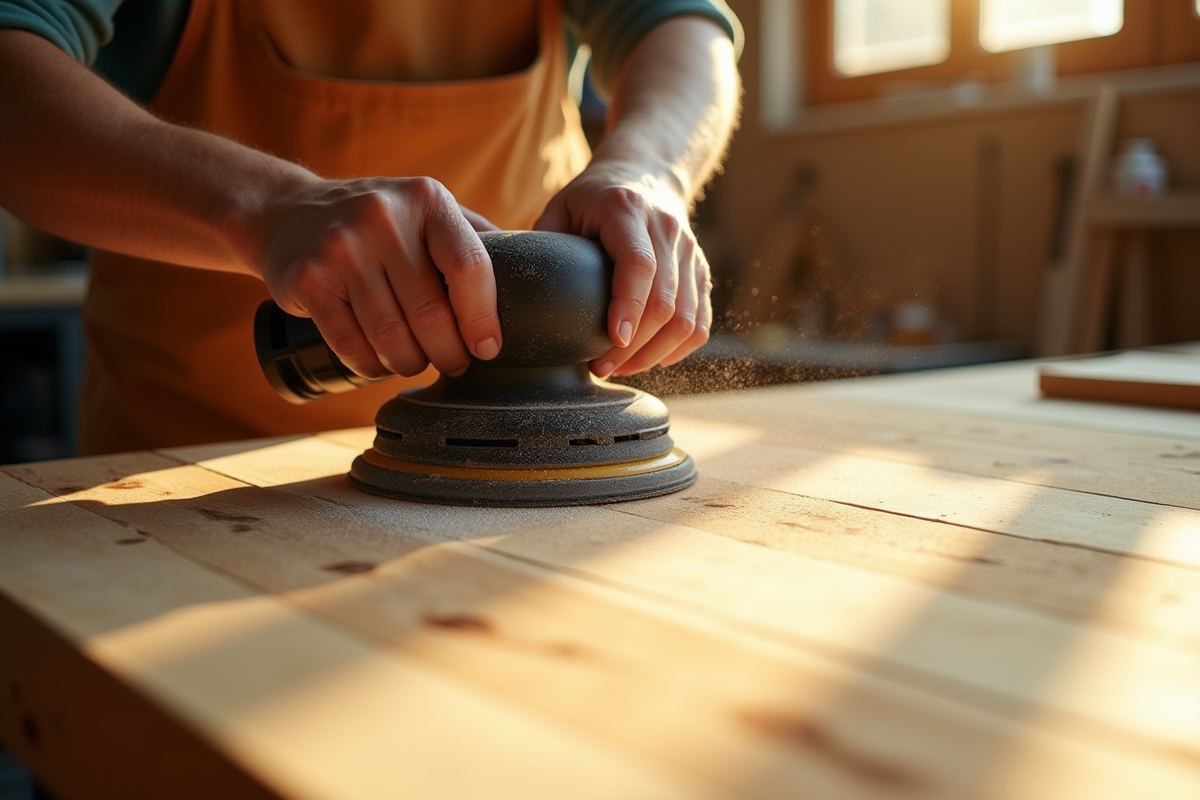Main ponçant un bois dans un atelier lumineux