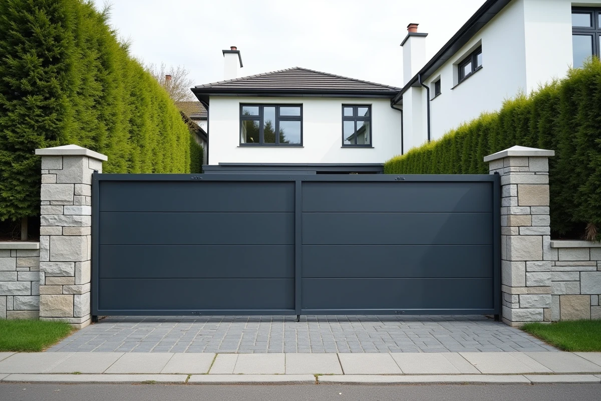 Portail coulissant avec portillon intégré en aluminium anthracite installé devant une maison contemporaine
