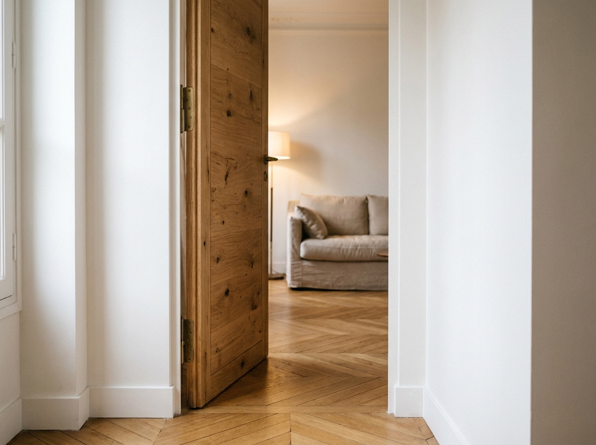 Porte battante en chêne massif entrouverte dans un couloir d'appartement parisien contemporain avec parquet en point de Hongrie