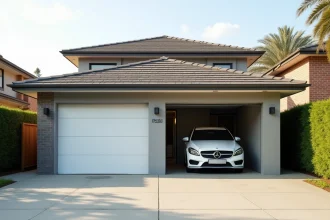 Porte de garage double en façade sur maison individuelle moderne avec deux voitures garées côte à côte