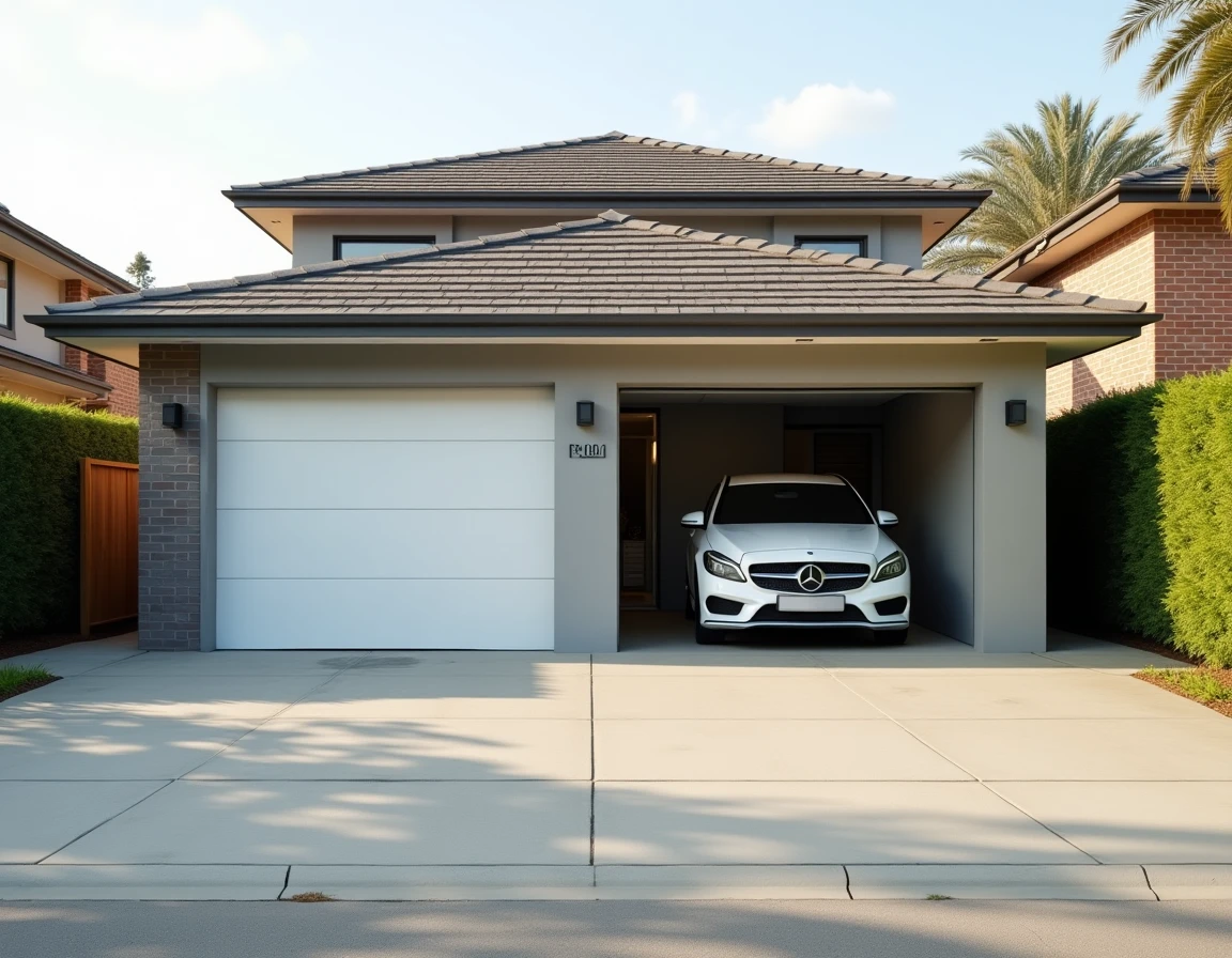 Porte de garage double en façade sur maison individuelle moderne avec deux voitures garées côte à côte