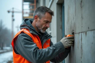 Technicien injectant une cheville chimique dans un mur en béton extérieur humide en hiver