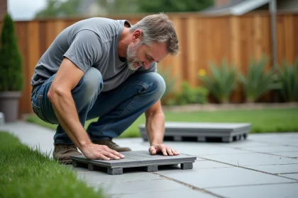 Poseur de carrelage sur plots béton installant une dalle composite sur une terrasse en cours de construction