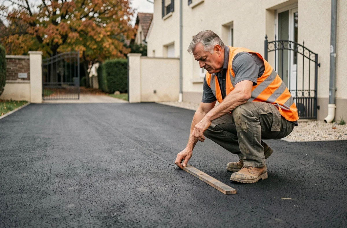 Ouvrier posant de l'enrobé bitumineux sur une entrée de garage résidentielle avec outil de finition