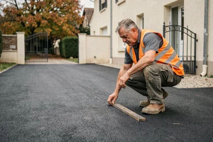 Ouvrier posant de l'enrobé bitumineux sur une entrée de garage résidentielle avec outil de finition