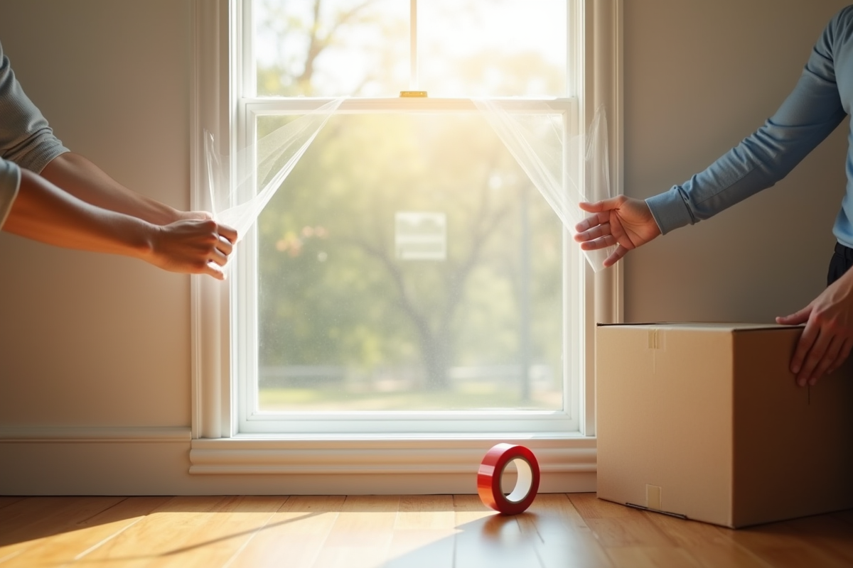 Mains appliquant un film protecteur sur une vitre propre avec lumière naturelle