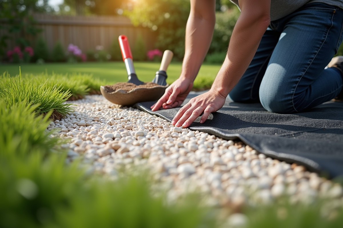 Mains posant du gravier blanc sur toile de jardin en extérieur