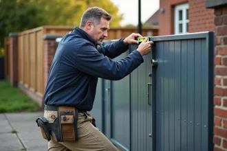 Installateur professionnel posant un portail coulissant avec portillon intégré devant une maison individuelle