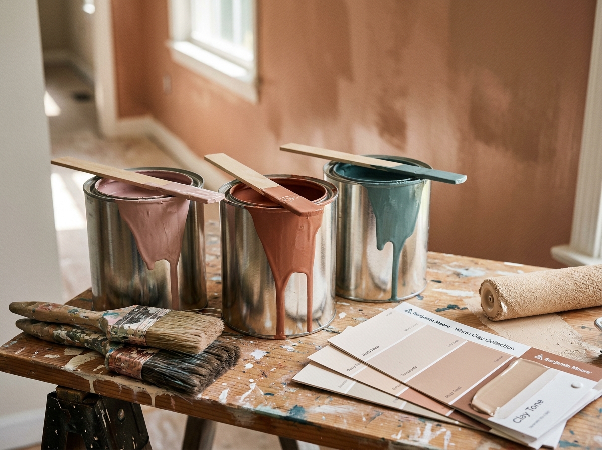 Pots de peinture ouverts avec pinceaux et nuancier sur un établi en bois pendant une rénovation intérieure