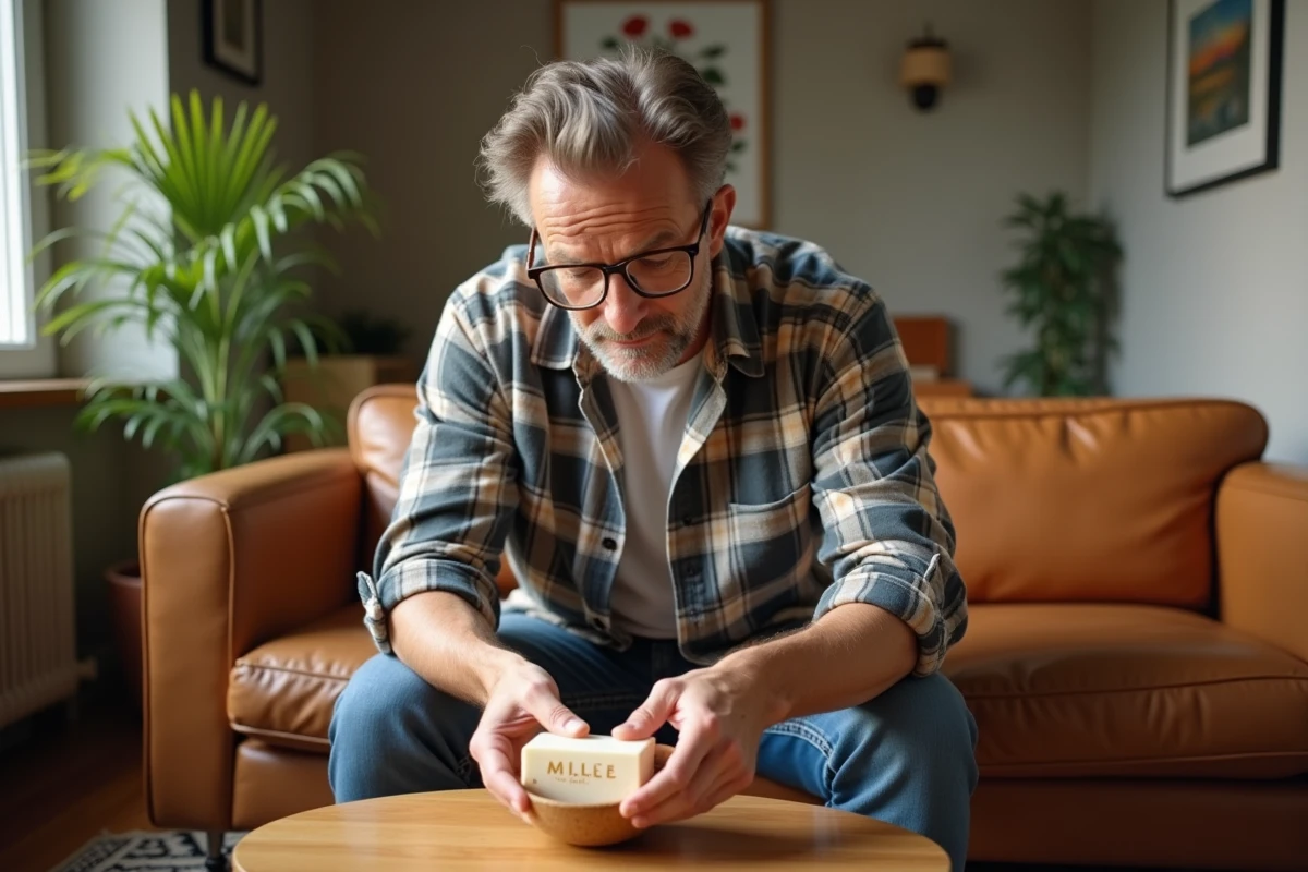 Homme pr&eacute;parant du savon pour nettoyer un canap&eacute; en cuir