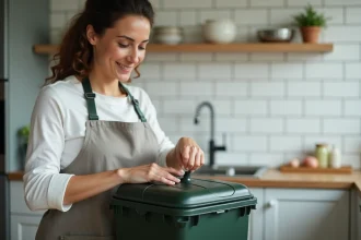Femme fermant hermétiquement un bac à compost dans une cuisine moderne pour prévenir les larves de mouche