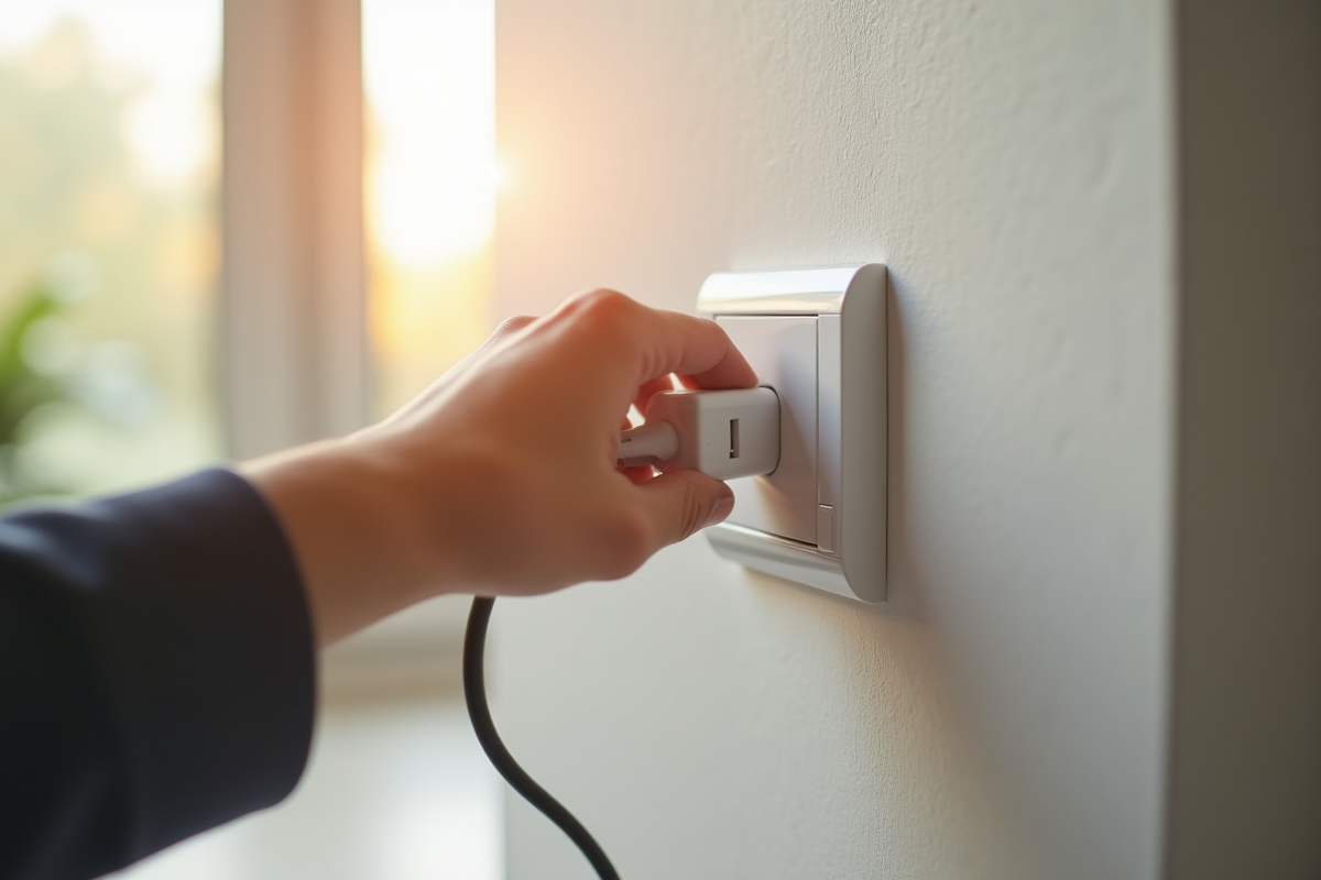 Main branchant un appareil électrique dans une maison lumineuse