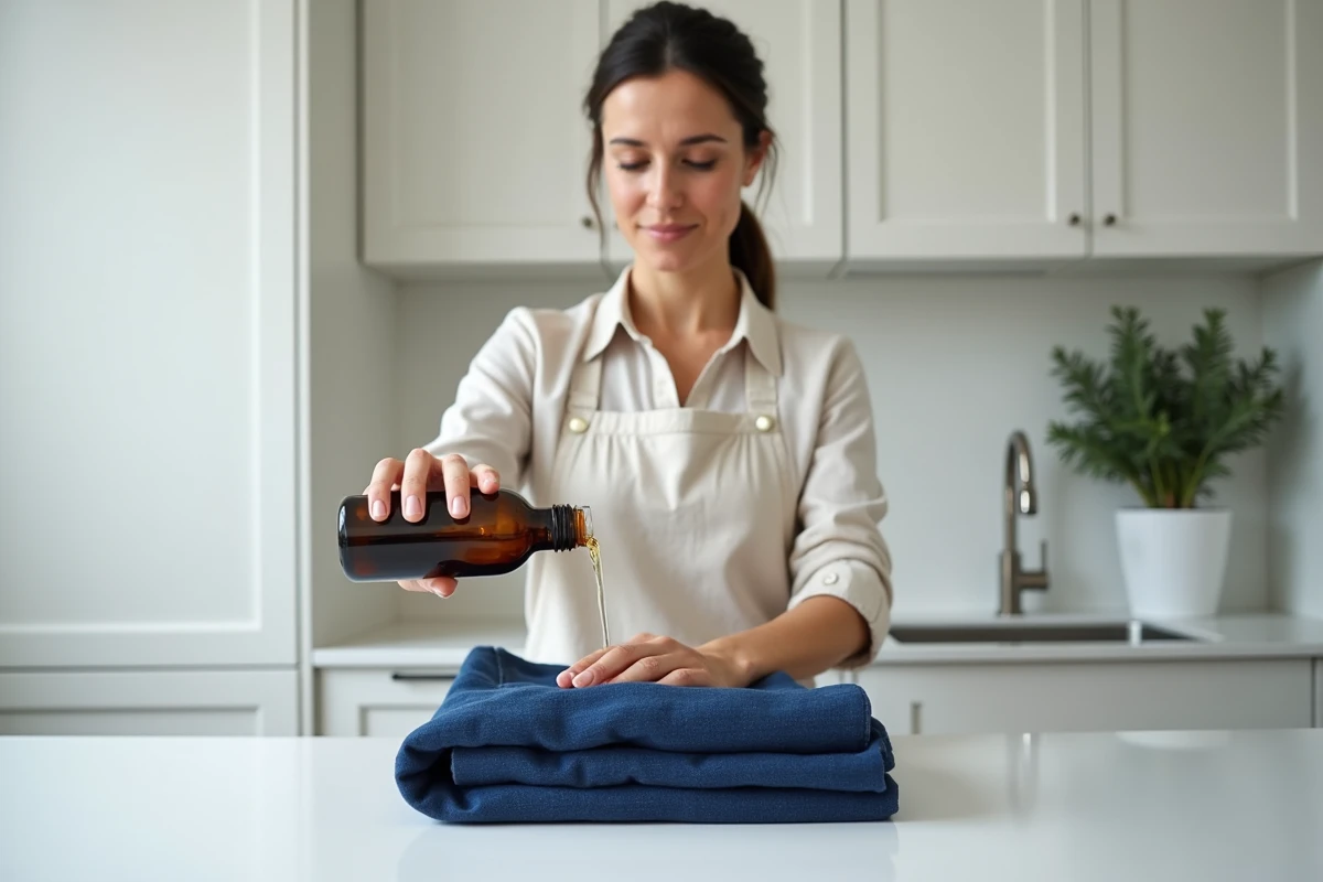 Femme appliquant un produit H2O sur un tissu en denim indigo pour raviver ses couleurs sans abîmer les fibres