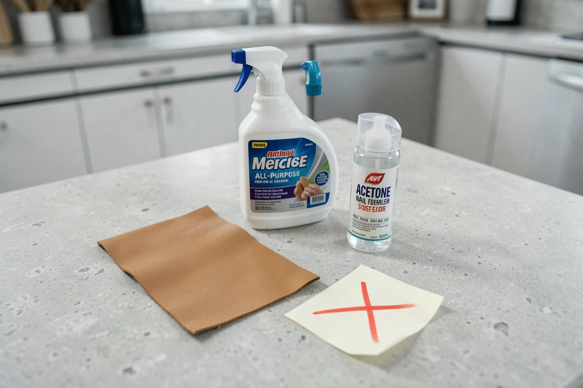Produits ménagers courants à éviter sur un canapé en cuir, illustrant les erreurs d'entretien coûteuses