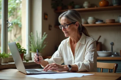 Propriétaire française dans sa cuisine consultant la plateforme Monhabitoo.fr sur son ordinateur portable