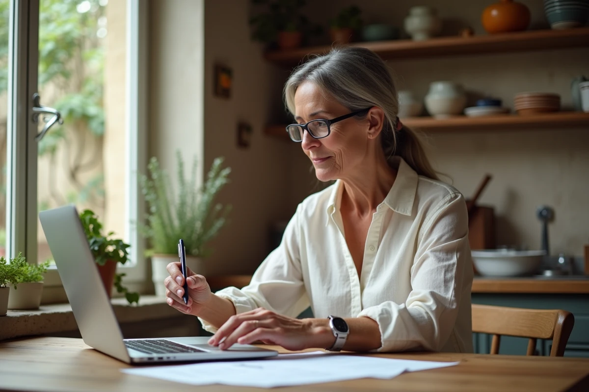 Propriétaire française dans sa cuisine consultant la plateforme Monhabitoo.fr sur son ordinateur portable