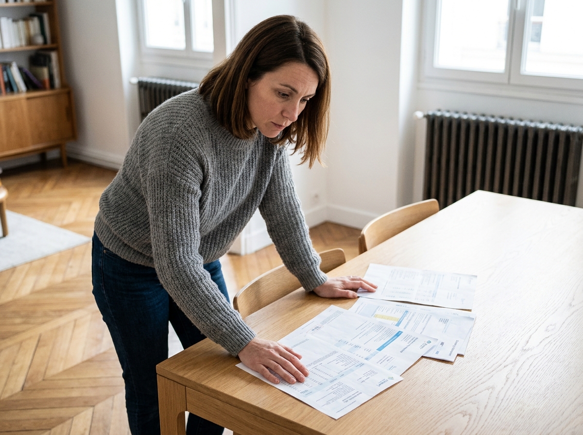 Femme propriétaire analysant des devis de chauffage posés sur une table en bois dans un appartement moderne