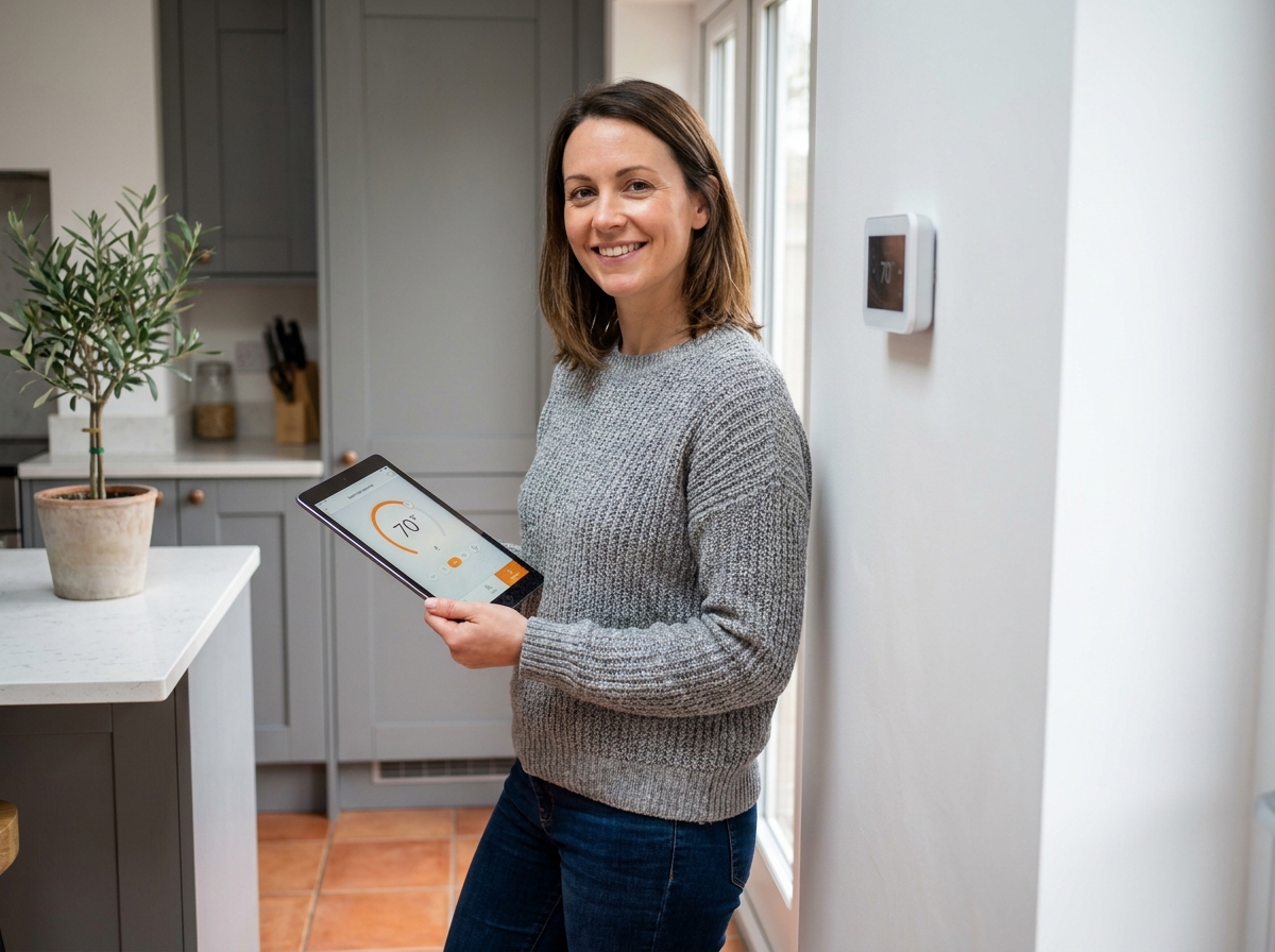 Femme propriétaire consultant une application de gestion du chauffage sur tablette dans une cuisine moderne