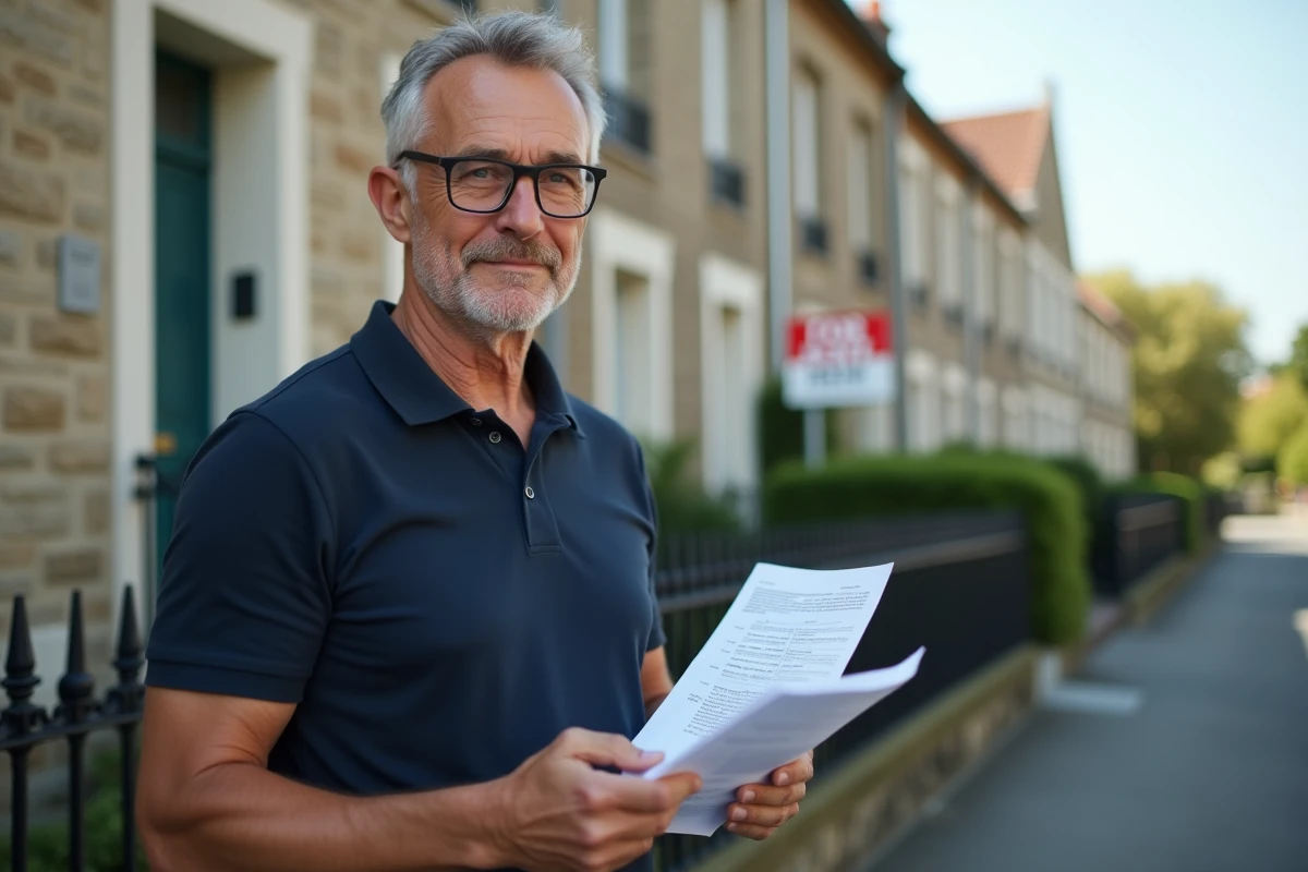 Propriétaire immobilier devant sa maison à louer tenant des documents liés à la gestion locative