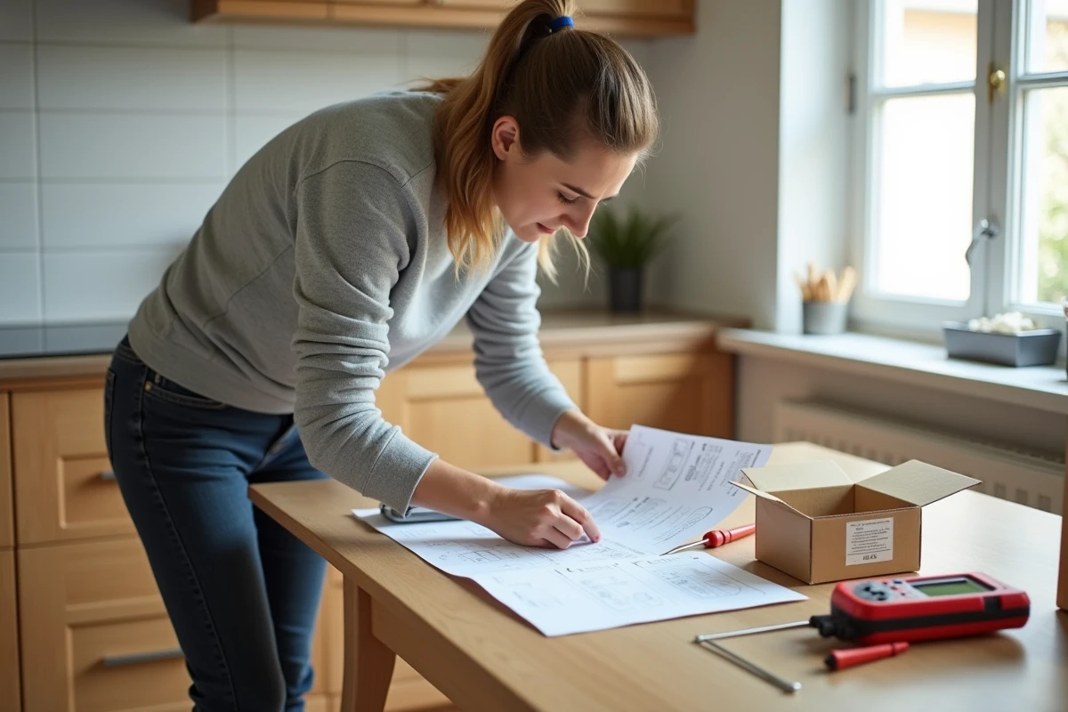 Propriétaire consultant le schéma d'installation Yokis va et vient sans neutre sur une table de cuisine