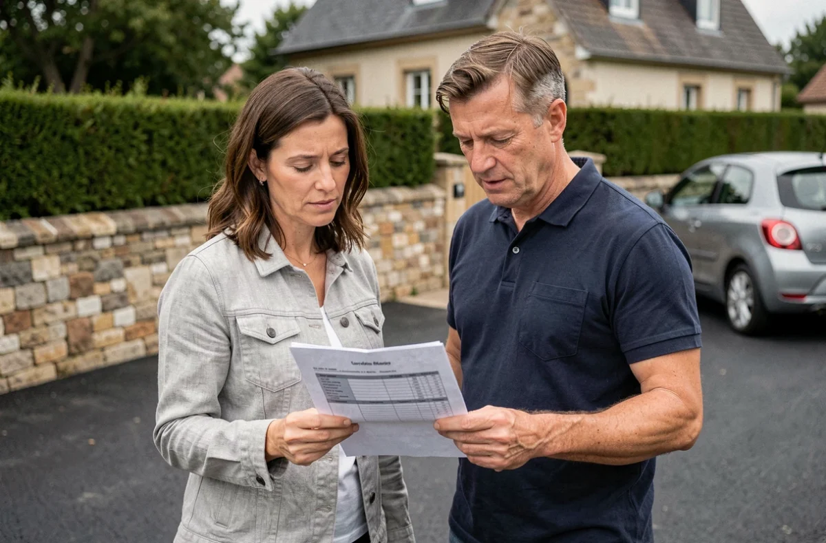 Couple de propriétaires examinant un devis pour la réfection de leur entrée de garage en enrobé bitumineux