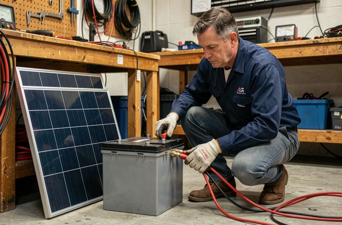 Technicien connectant un panneau solaire monocristallin à une batterie AGM dans un atelier, illustrant la puissance nécessaire pour la recharge solaire