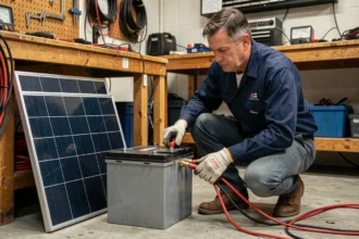 Technicien connectant un panneau solaire monocristallin à une batterie AGM dans un atelier, illustrant la puissance nécessaire pour la recharge solaire