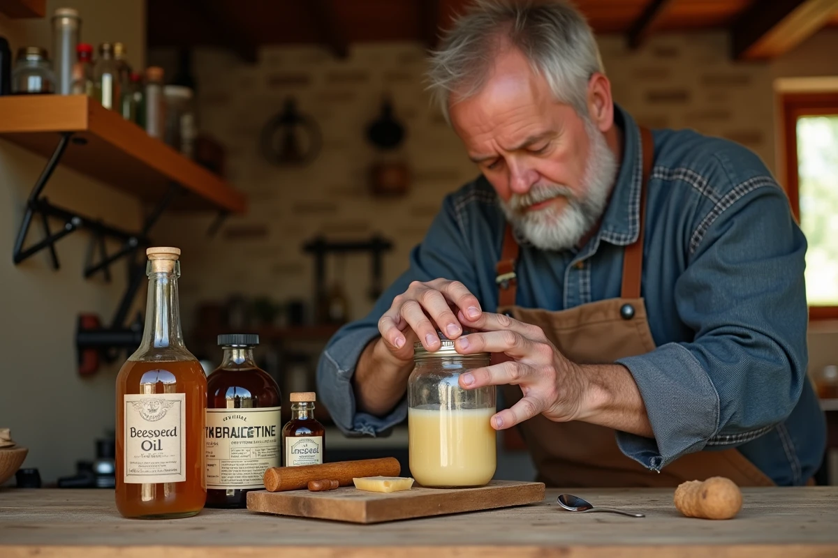 Préparation artisanale d'un durcisseur bois naturel avec des ingrédients écologiques sur une table en bois