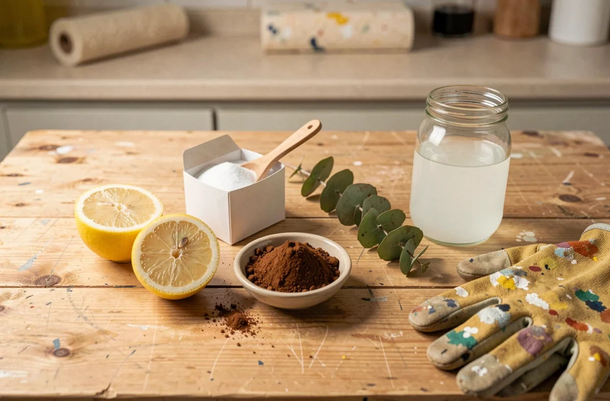 Remèdes naturels pour enlever l'odeur de peinture : citron, bicarbonate, café, vinaigre et eucalyptus sur table en bois