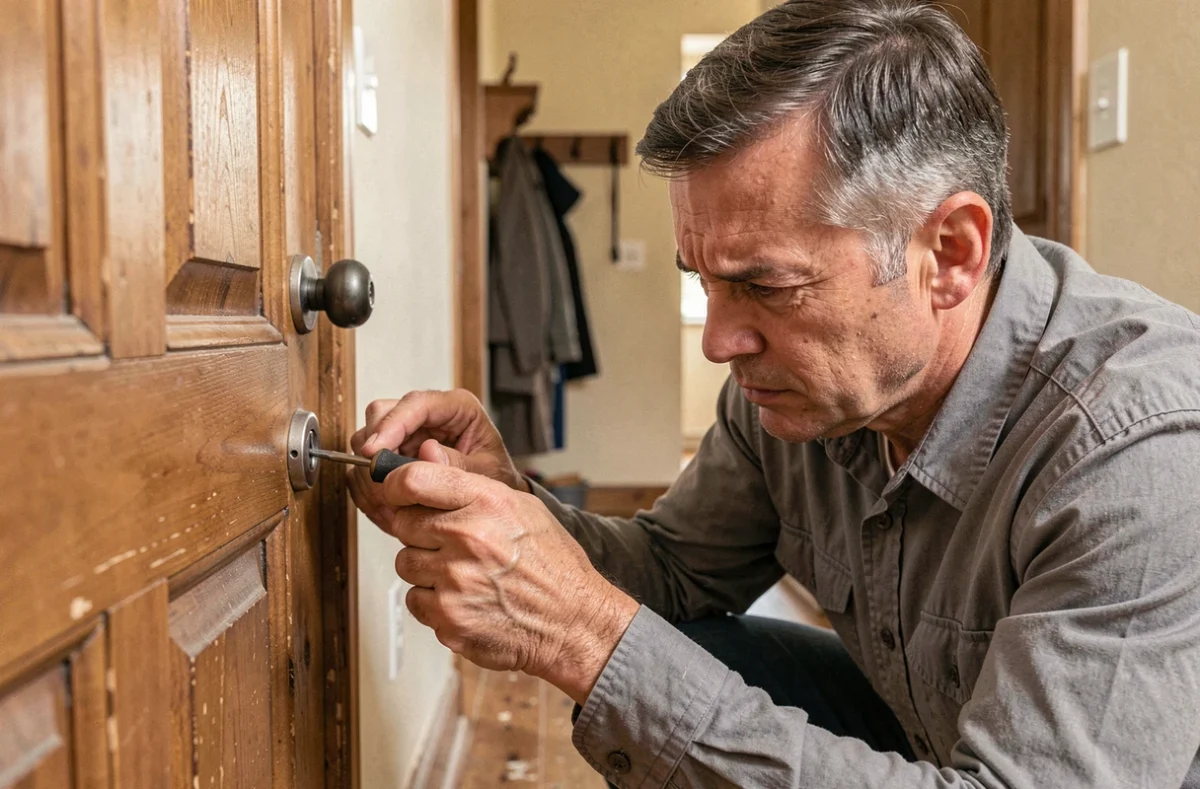 Homme bricoleur retirant un barillet de serrure d'une porte en bois avec un tournevis dans un couloir résidentiel