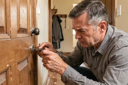 Homme bricoleur retirant un barillet de serrure d'une porte en bois avec un tournevis dans un couloir résidentiel