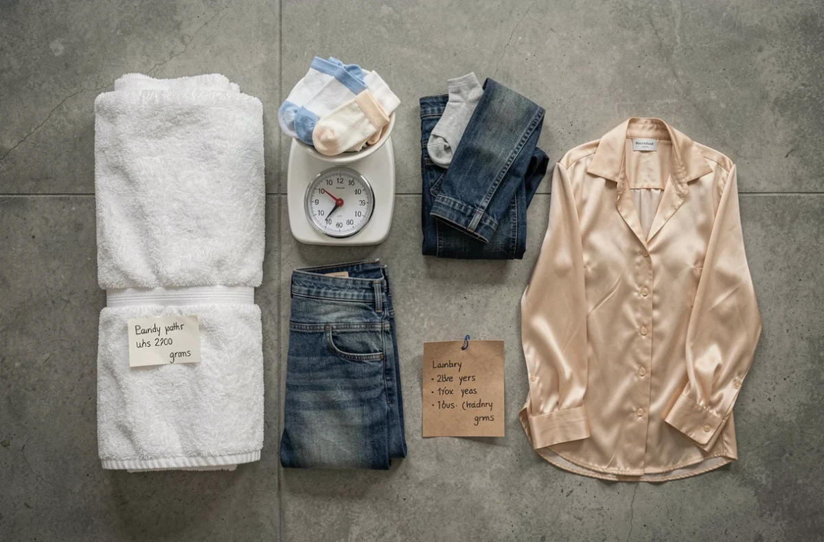 Vue de dessus de différents types de linge triés par poids sur le sol d'une buanderie avec une balance et des notes manuscrites