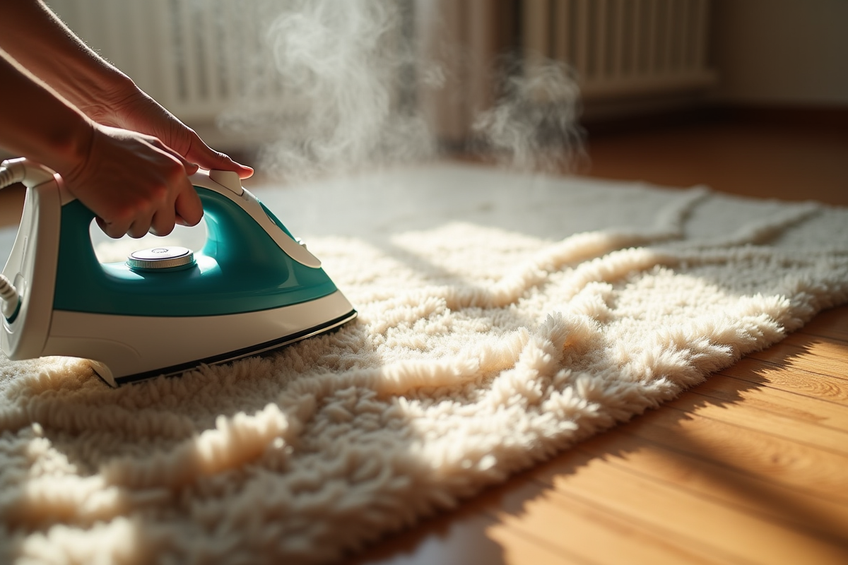 Mains repassant un tapis en laine avec vapeur sur un sol en bois