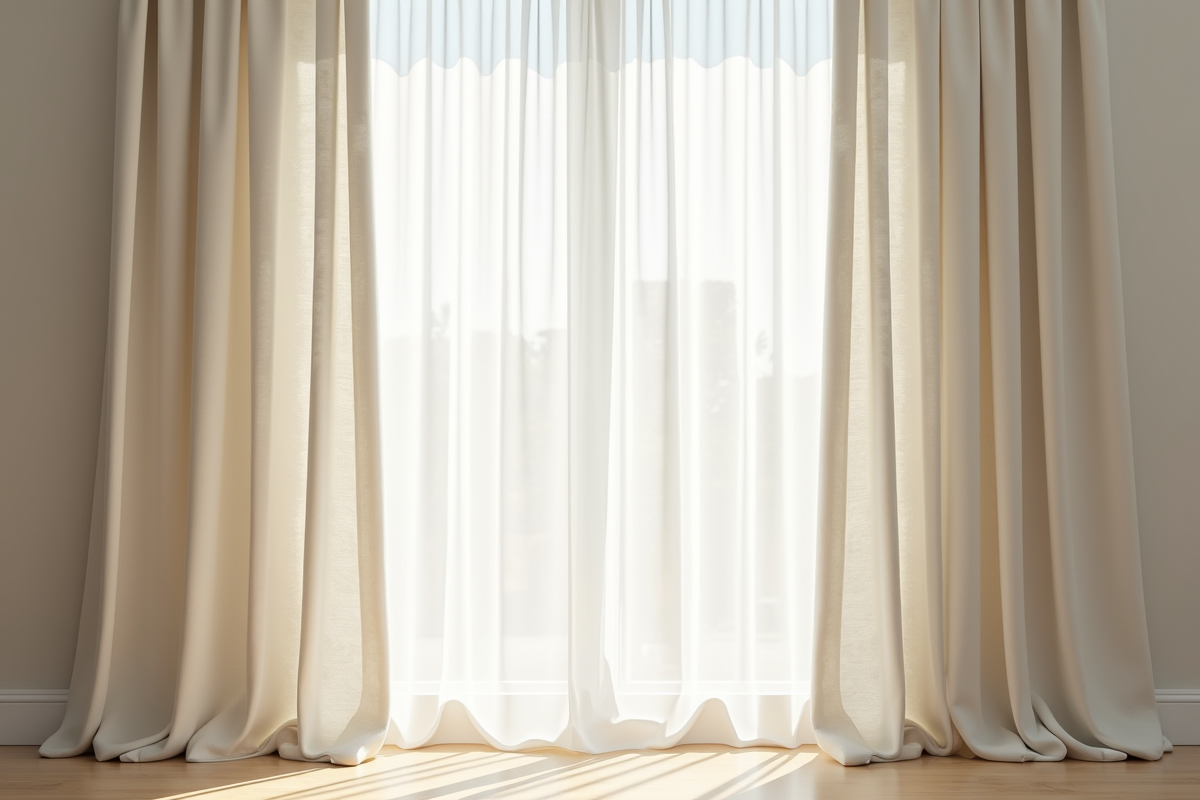Rideaux parfaitement alignés dans une chambre lumineuse et minimaliste