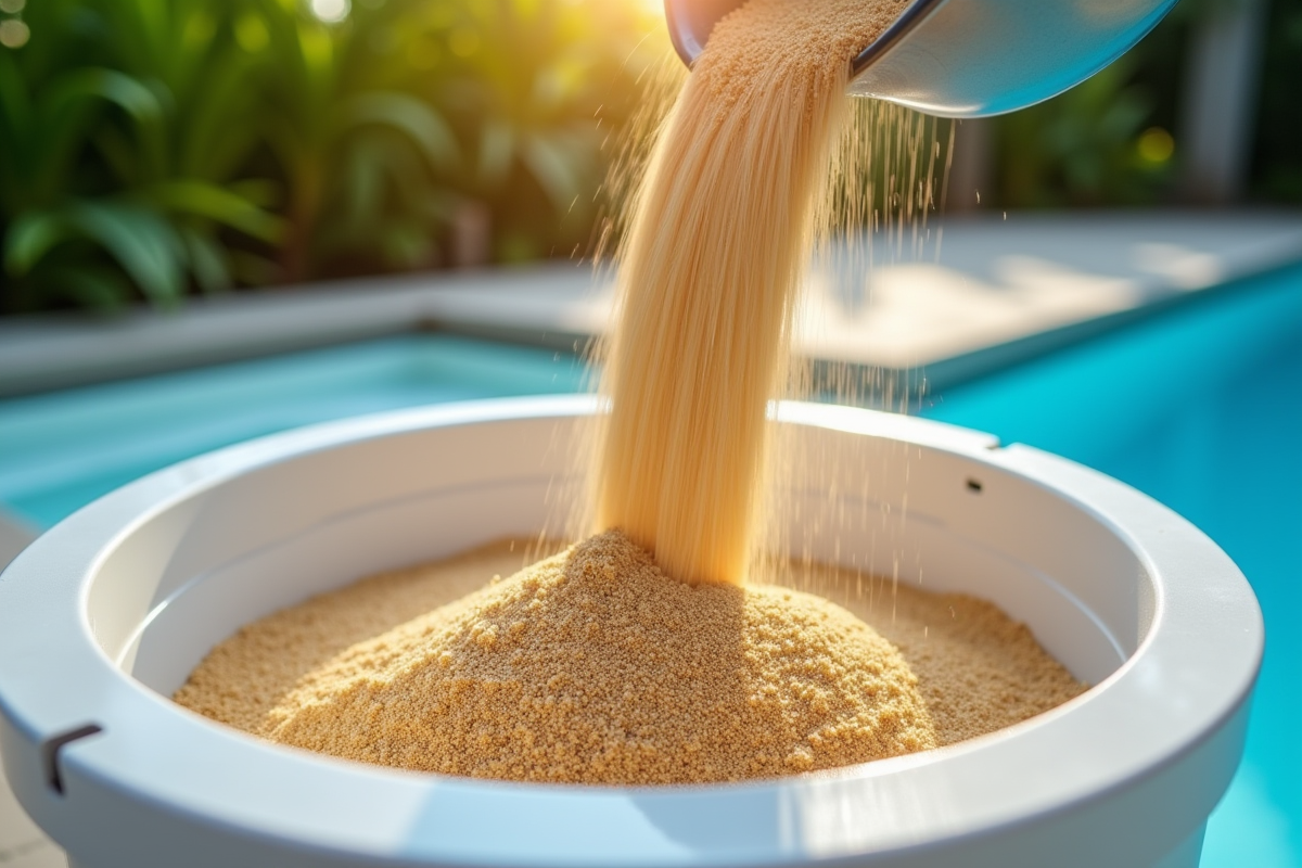 Sable de filtre de piscine doré versé dans un filtre blanc brillant