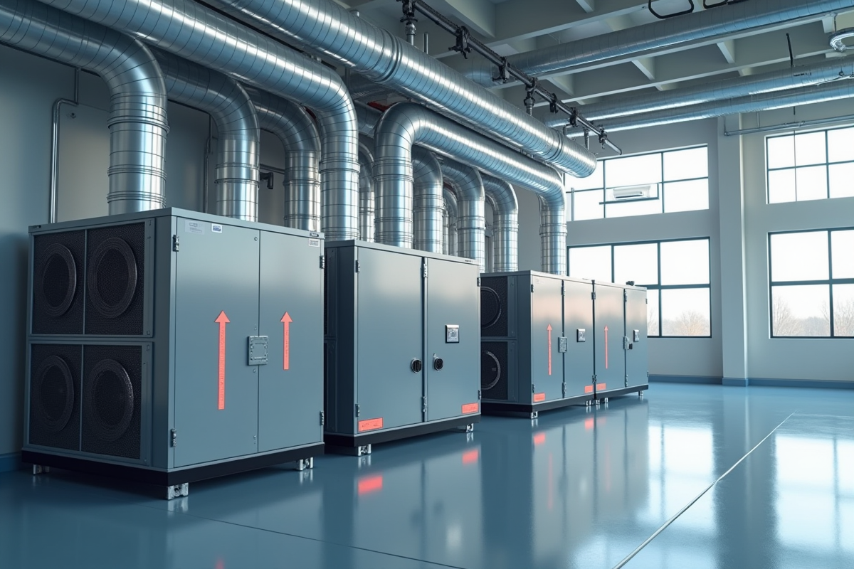 Salle technique avec unité de traitement d'air moderne et gaines de ventilation