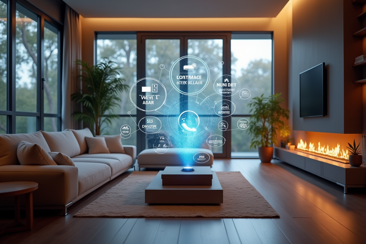 Salon moderne avec hologramme de controle domotique lumineux