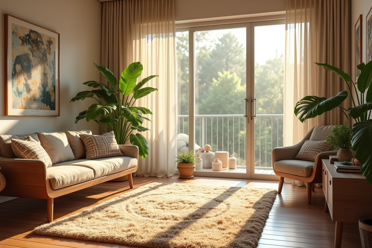 Salon chaleureux avec lumière naturelle et plantes vertes