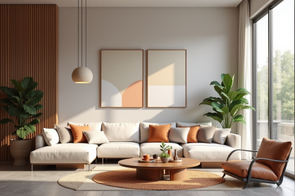 Salon moderne élégant avec coussins et art mural en harmonie