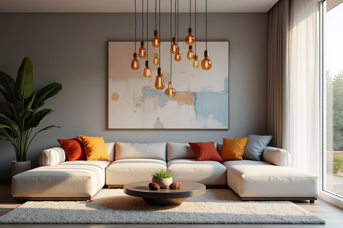 Salon contemporain avec petits luminaires suspendus colorés