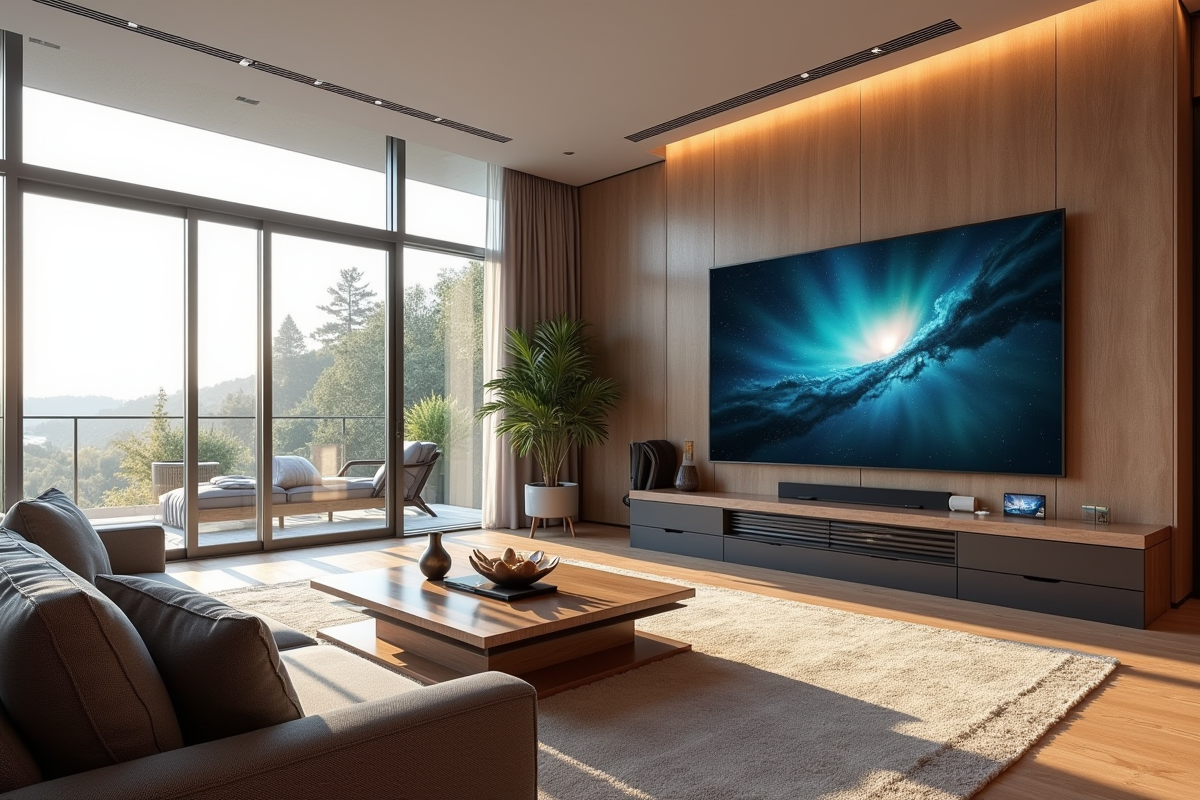 Salon moderne avec grand écran 4K et décoration élégante