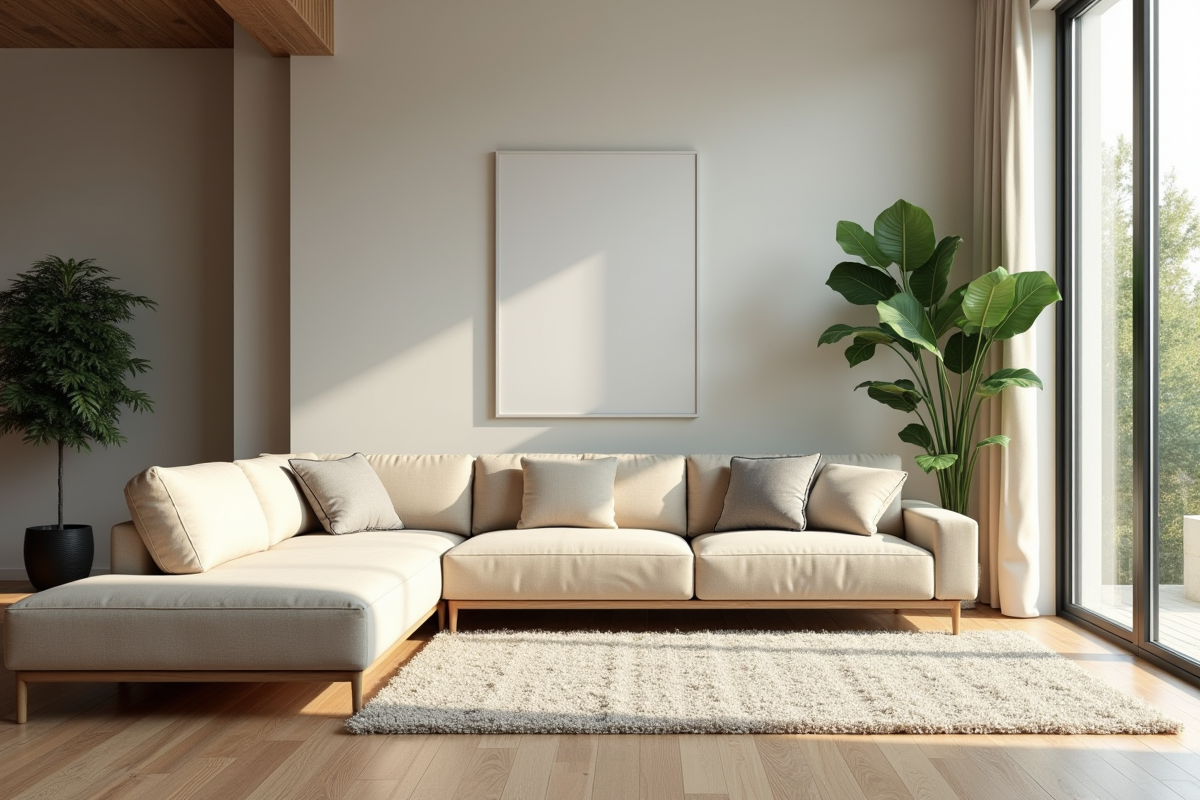 Salon moderne avec canapé beige et grande fenetre