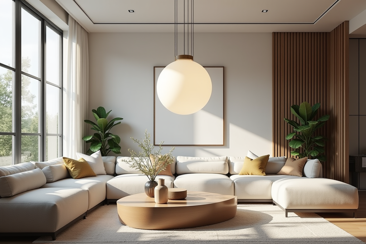 Salon moderne avec grand lustre circulaire lumineux