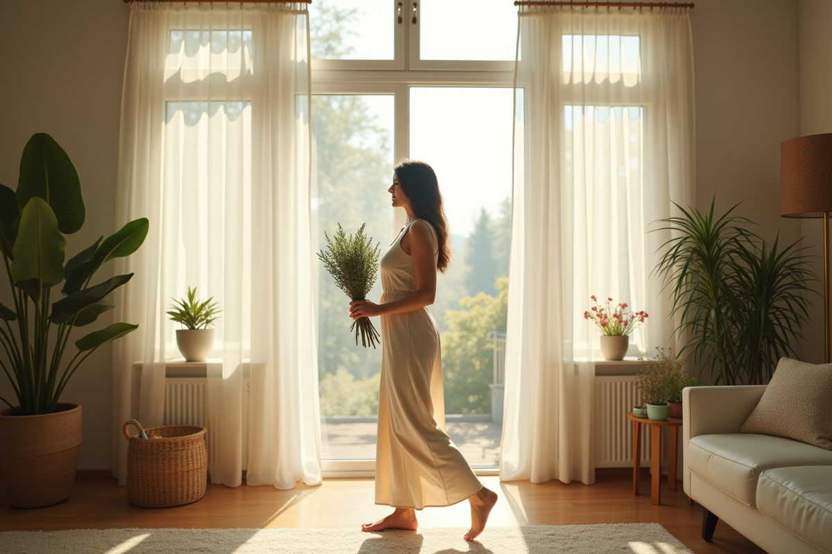 Salon lumineux avec femme tenant de la sauge et plantes vertes