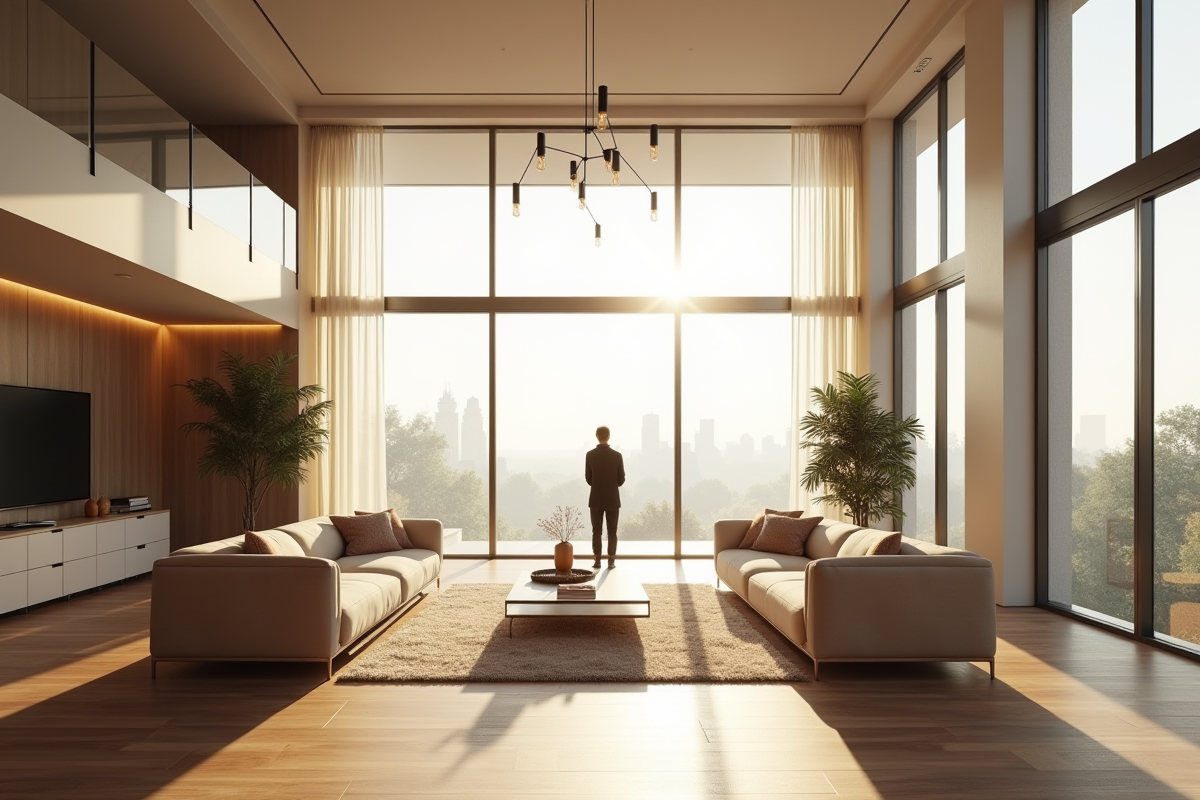 Salon moderne avec haut plafond et grande fenetre