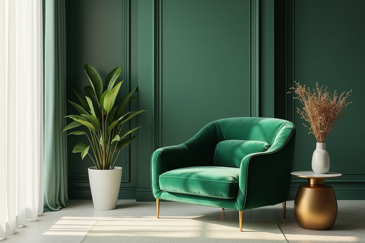 Intérieur sophistiqué avec fauteuil vert émeraude et accents dorés