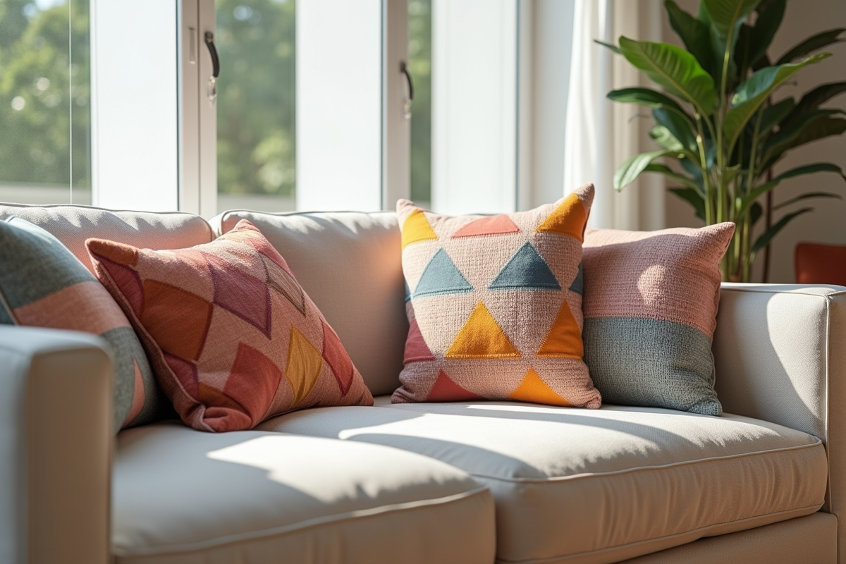 Salon moderne avec canapé minimaliste et coussins colorés