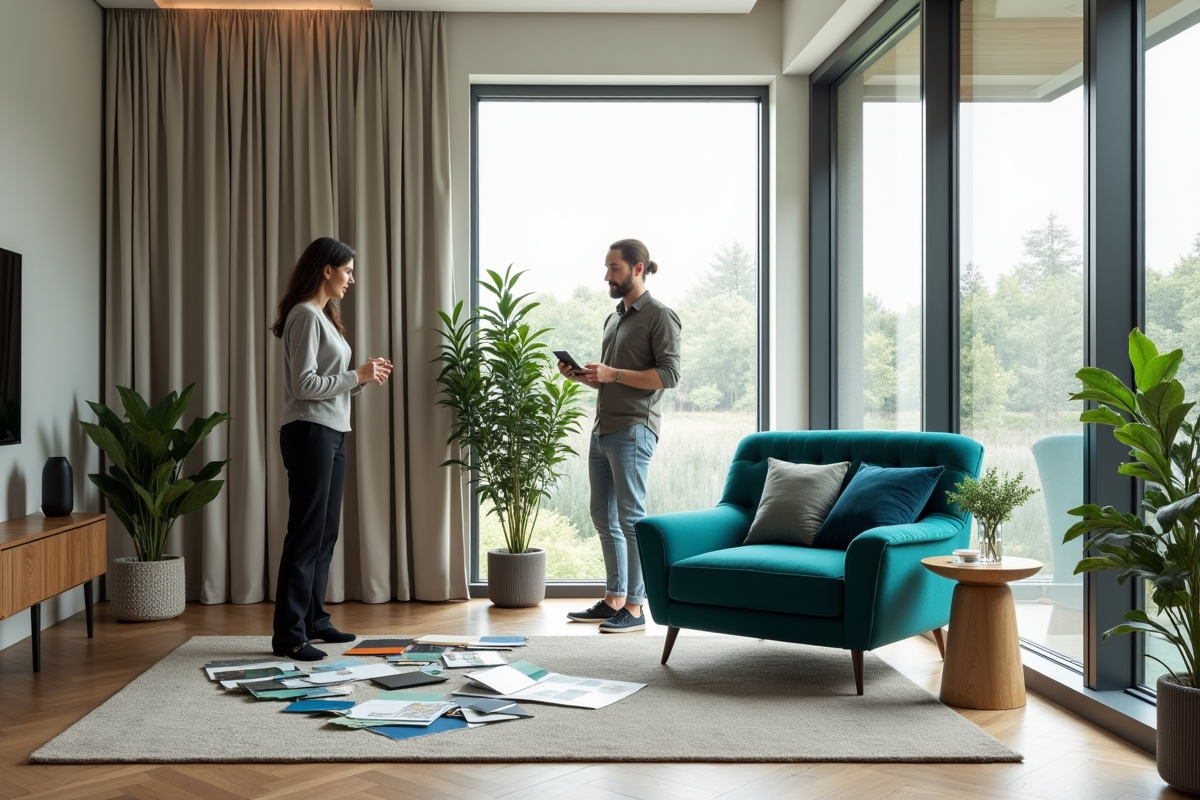 Salon moderne avec fauteuil teal et échantillons de tissus