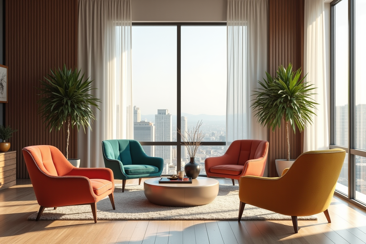 Salon moderne avec chaises colorées et grande fenetre